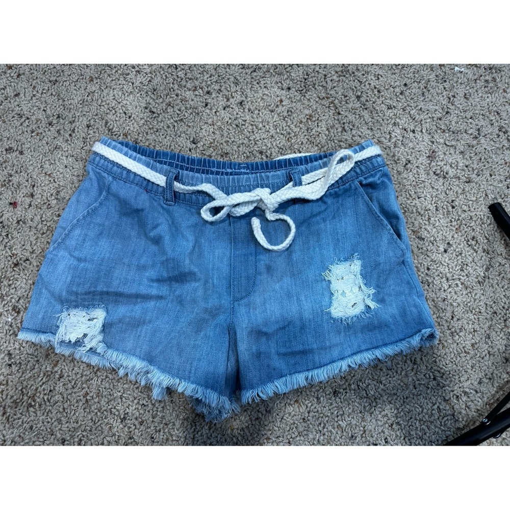 Aerie Denim Jean Shorts - Distressed Fringe Lace- Elastic Waist - Medium